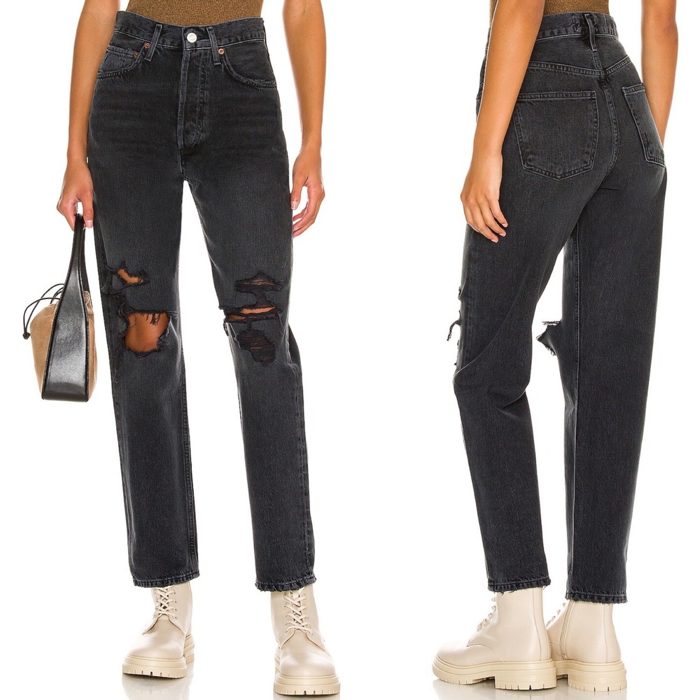 Agolde 90s Loose Jeans Black Womens Size 28 Button Fly Denim Vagabond Distressed